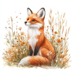 Fototapeta premium charming fox sits among wildflowers in vintage watercolor style