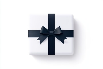 Elegant white gift box with black ribbon bow on white background