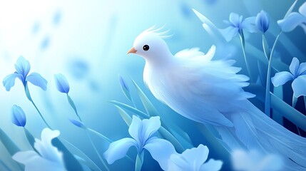 Fototapeta premium A golden pheasant in a tranquil garden filled with purple irises and bamboo, swirling calligraphy characters in the background, soft morning light creating a mystical effect,