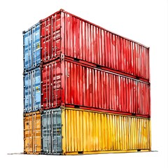 Fototapeta premium Watercolor illustration of stacked shipping containers in red, blue, and yellow.