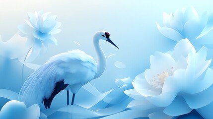 A graceful crane perched near vibrant lotus blossoms, flowing silk ribbons creating elegant patterns in the air, sunlight casting warm highlights, intricate textures in feathers, flowers, and ribbons,