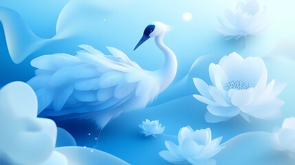 Fototapeta premium A graceful crane perched near vibrant lotus blossoms, flowing silk ribbons creating elegant patterns in the air, sunlight casting warm highlights, intricate textures in feathers, flowers, and ribbons,