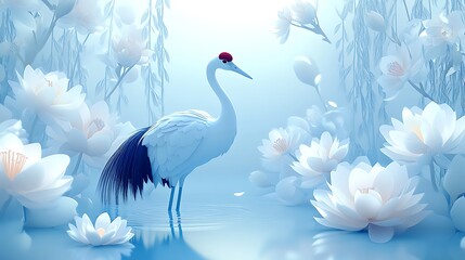 Fototapeta premium A graceful crane wading through a tranquil shallow pond surrounded by vibrant lotus blooms, willow trees draping softly in the background, gentle sunlight casting warm reflections on the water,