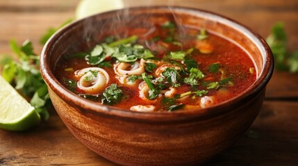 Close-up of a steaming bowl of Thai tom yum squid soup, vibrant red broth with fresh herbs, lime, and chili, served on a rustic wooden table