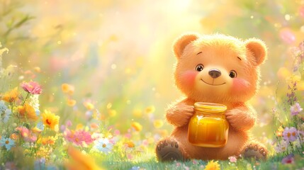 Fototapeta premium A cute bear holding a jar of honey in a vibrant flower-filled landscape.