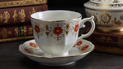 Elegant teacup and saucer with floral design, set on a dark surface near antique books.