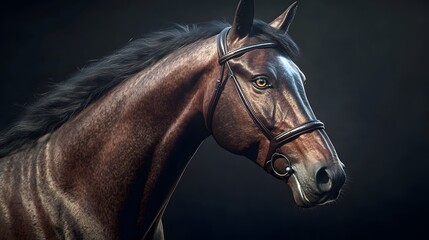 Obraz premium A close-up portrait of a brown horse with a bridle, showcasing its features and expression.