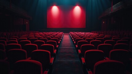 Fototapeta premium Empty cinema theater with rows of red seats, dim lighting, and a large screen at the front, creating a quiet, waiting atmosphere