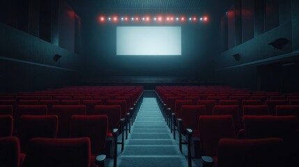 Empty cinema theater with rows of red seats, dim lighting, and a large screen at the front, creating a quiet, waiting atmosphere