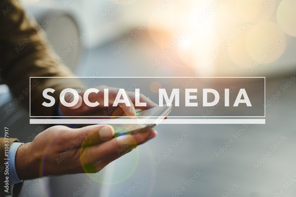 Poster Social media, hands and mobile phone with text for connection, communication and networking update. Person, technology and overlay for application, scroll and website for information as professional