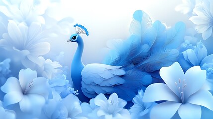 A majestic peacock with iridescent feathers fully spread, surrounded by vibrant hibiscus and lilies in a sunlit garden, intricate feather and floral textures, tranquil and elegant,