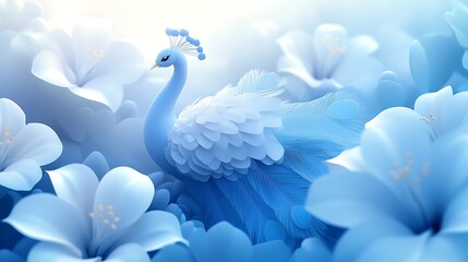 A peacock showcasing its feathers in a garden of radiant hibiscus and lilies, sunlight casting golden highlights on its plumage,