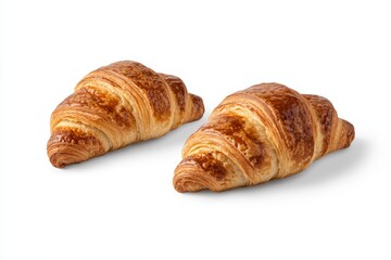 Golden flaky croissants on white background