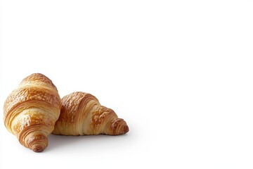 Two freshly baked golden croissants on white background