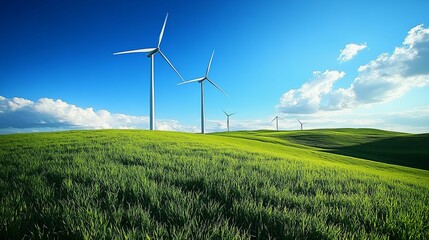 Wind turbines stand tall in a vibrant green field