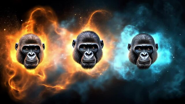 Vibrant gorilla faces surrounded by fiery and icy auras in dynamic contrast