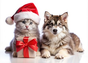 Cute Alaskan Malamute Puppy & Maine Coon Cat Christmas Photo - Holiday Pet Image