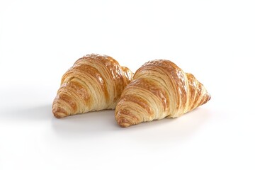 Two freshly baked golden croissants on a white background