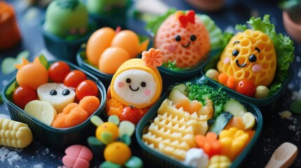 Obraz premium Children is lunch box with fun and healthy food arrangements, healthy food, lunch box