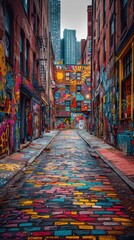 Fototapeta premium Graffiti covered street with brick buildings and colorful graffiti on the walls