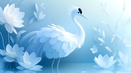 Obraz premium A serene crane standing amidst a pond encircled by lush lotus blooms and elegant willow branches, warm sunlight illuminating its delicate feathers, tranquil reflections on the water,