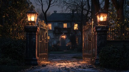 Eerie Entrance to a Haunted Mansion with Broken Gates Illuminated by Lanterns in a Mysterious Night Setting, Perfect for Spooky Themes and Halloween Imagery