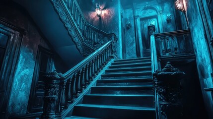 Mysterious Interior of an Eerie Haunted Mansion Featuring a Dimly Lit Staircase with Creaky Steps, Revealing Gloomy Atmosphere and Intricate Architectural Details