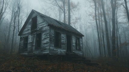 Haunting and Broken Cabin Nestled in a Misty Forest, Evoking a Sense of Mystery and Isolation Amidst the Tall Trees and Thick Fog