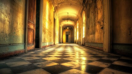 Fototapeta premium Hauntingly Beautiful Abandoned Asylum Hallway with Faded Walls and Vintage Flooring – A Captivating Scene of Forgotten History and Eerie Atmosphere