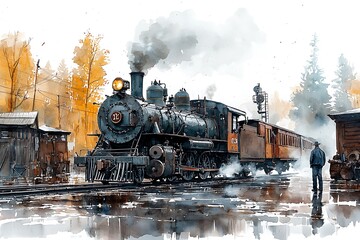 Fototapeta premium A Watercolor Painting of a Vintage Steam Train at a Rural Train Station on an Autumn Day.
