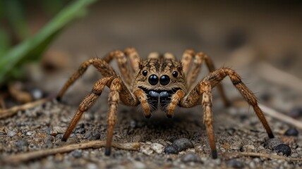 Close-up of a huntsman spider on the ground.