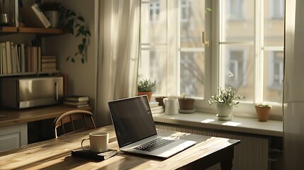 Fototapeta premium Laptop computer with blank screen on wooden table
