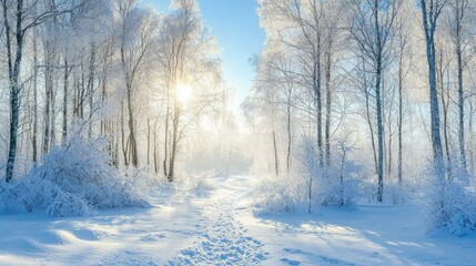 Obraz premium A Stunning Winter Wonderland Scene with Ice-Covered Branches and Glowing Sunshine Filtering Through a Serene Forest Landscape