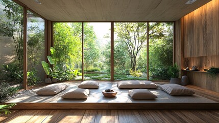 Fototapeta premium Serene Zen Room with Soft Cushions and Natural Light