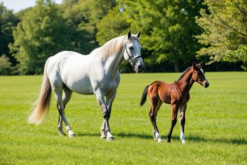 Obraz premium Gentle Mare and Young Foal Trotting Through a Sunny Green Pasture Observing Nature