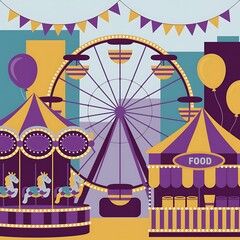 Festive Carnival Scene Featuring Ferris Wheel Carousel And Food Stand