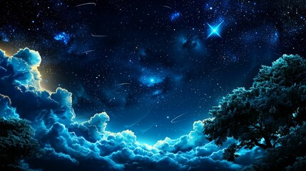Fototapeta premium Mystical Night Sky with Stars and Cloudy Horizon Illuminated by Cosmic Light Over a Serene Landscape of Trees and Soft Clouds