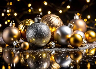Golden Silver Christmas Decorations Black Background - Festive Holiday Decor Photography