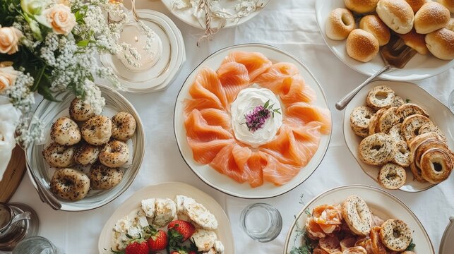 Gourmet breakfast box with smoked salmon, bagels, and cream cheese, elegant arrangement, classic brunch, soft pastel hues, [breakfast box], [gourmet meal]