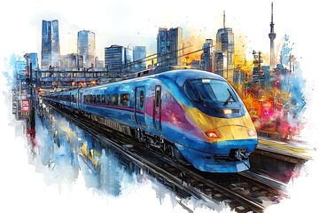 Fototapeta premium High-speed train speeding through a modern city skyline at sunrise, painted in a watercolor style.