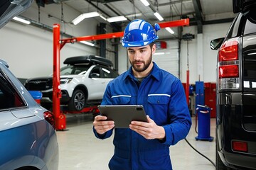 Fototapeta premium Innovative Vehicle Inspection: Technician Using Tablet for Automotive Evaluation and Repair