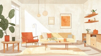 Fototapeta premium Bright and Cozy Scandinavian Inspired Living Room Illustration Featuring Warm Tones and Minimalist Design with Stylish Furniture and Plants