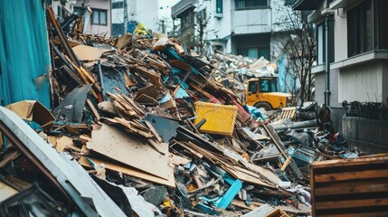 Pile of Construction Debris in Urban Environment with Various Materials Including Wood, Plastic, and Metal Awaiting Removal in a Cleanup Effort