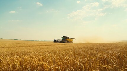 Fototapeta premium Large Scale Agricultural Combine Harvester Operating in Golden Wheat Field Under Clear Sky with Dust Clouds and Sunlight Casting Beautiful Shadows