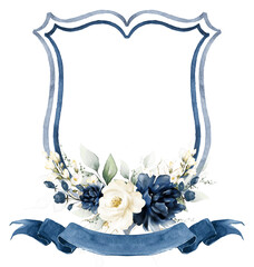 Blue Navy and white Floral Watercolor Wedding Crest - Monogram Crest - Roses Floral Luxury...