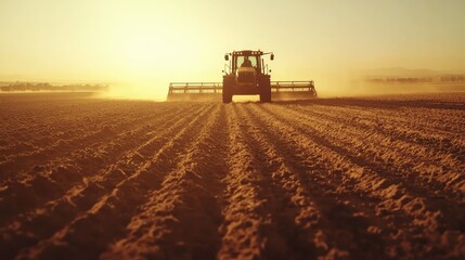 Fototapeta premium Vibrant Sunset Over Large Scale Agricultural Machinery Cultivating Fields and Planting Seeds in Barren Landscape for Efficient Farming Practices