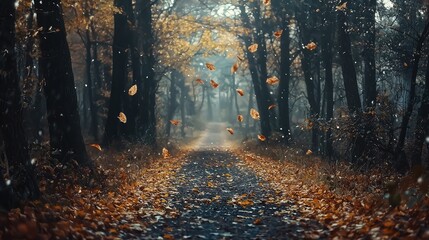 Fototapeta premium Serene Autumn Trail with Leaves Drifting Down in a Quiet Forest Surrounded by Trees and Soft Light Creating a Peaceful Atmosphere for Nature Lovers