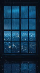 Naklejka premium Serene Lofi Background Depicting Rainy Window with Distant City View, Creating a Calm and Reflective Atmosphere Perfect for Relaxation or Study