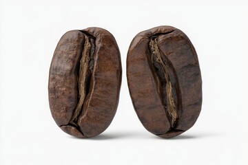 Obraz premium Close-up of two brown roasted coffee beans isolated on white background