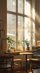 Obraz premium Serene Lofi Coffee Shop Scene Bathed in Sunlight with Plants and Natural Elements for a Cozy Ambiance